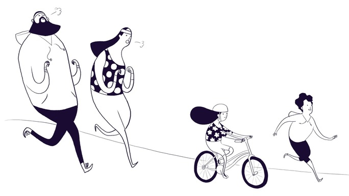 family out jogging biking