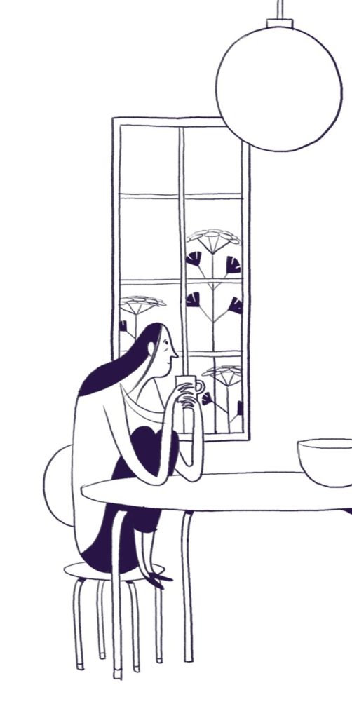 woman drinking coffee looking out window