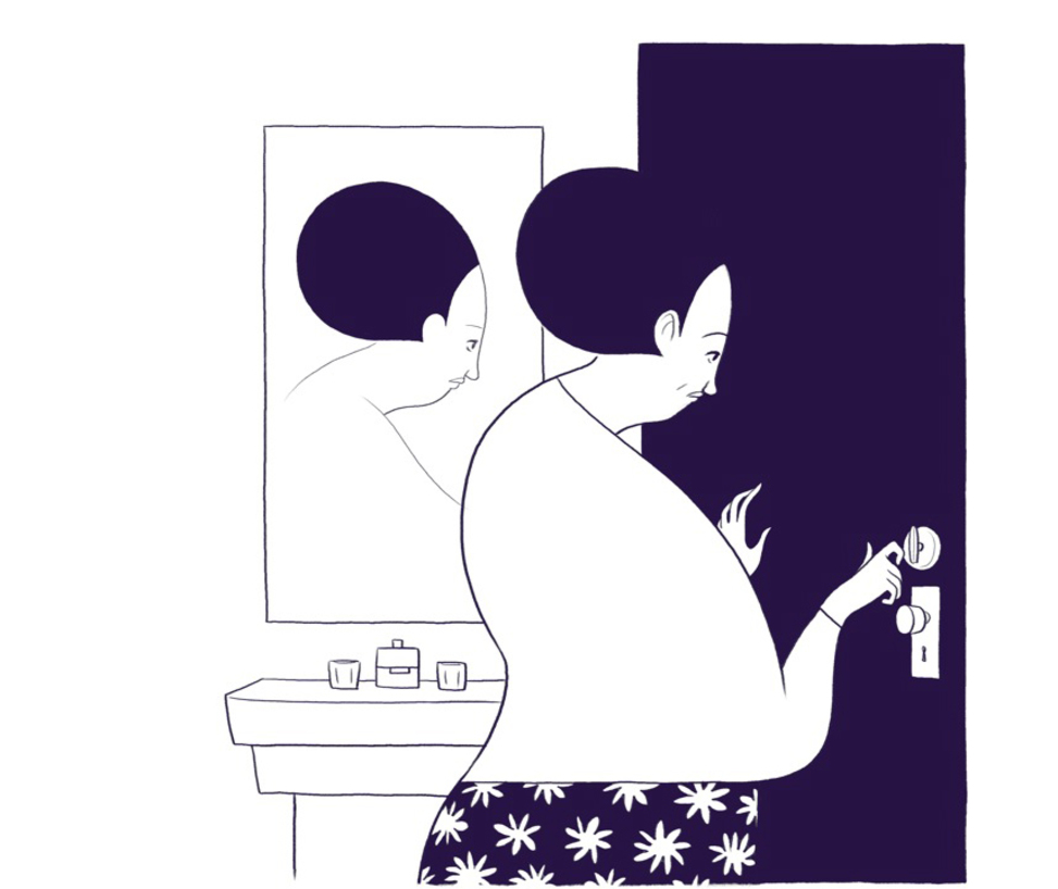 Woman locking self into bathroom cropped