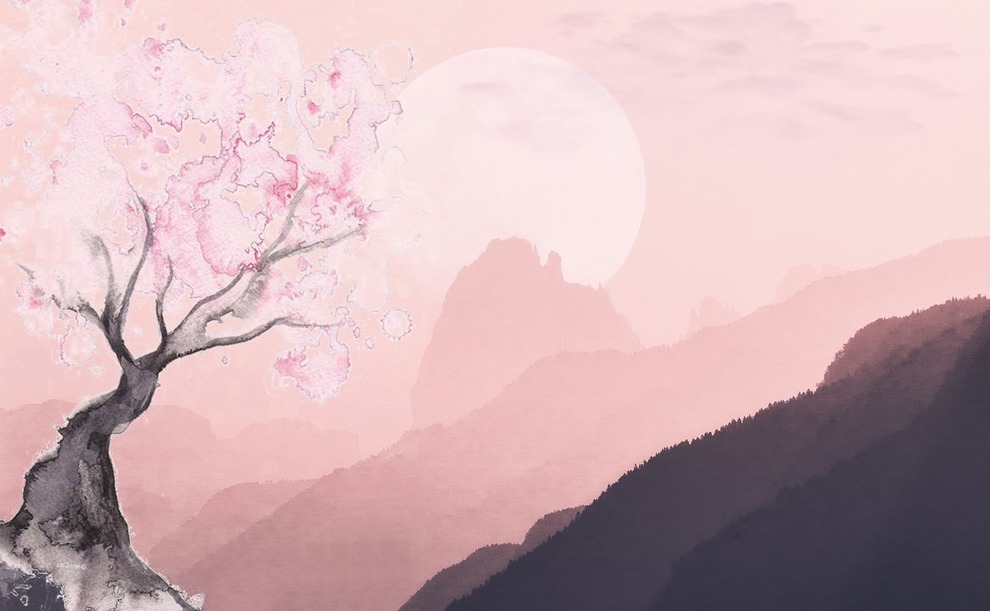 Pink Cherry Tree and Mountain Painting