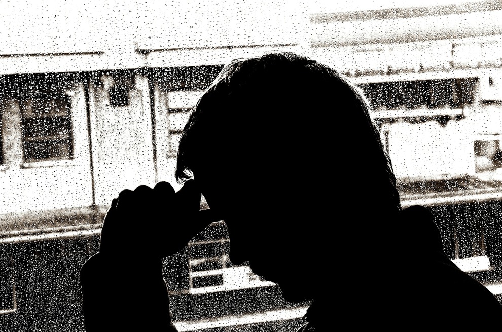 Man Silhouette at Rainy Window B&W