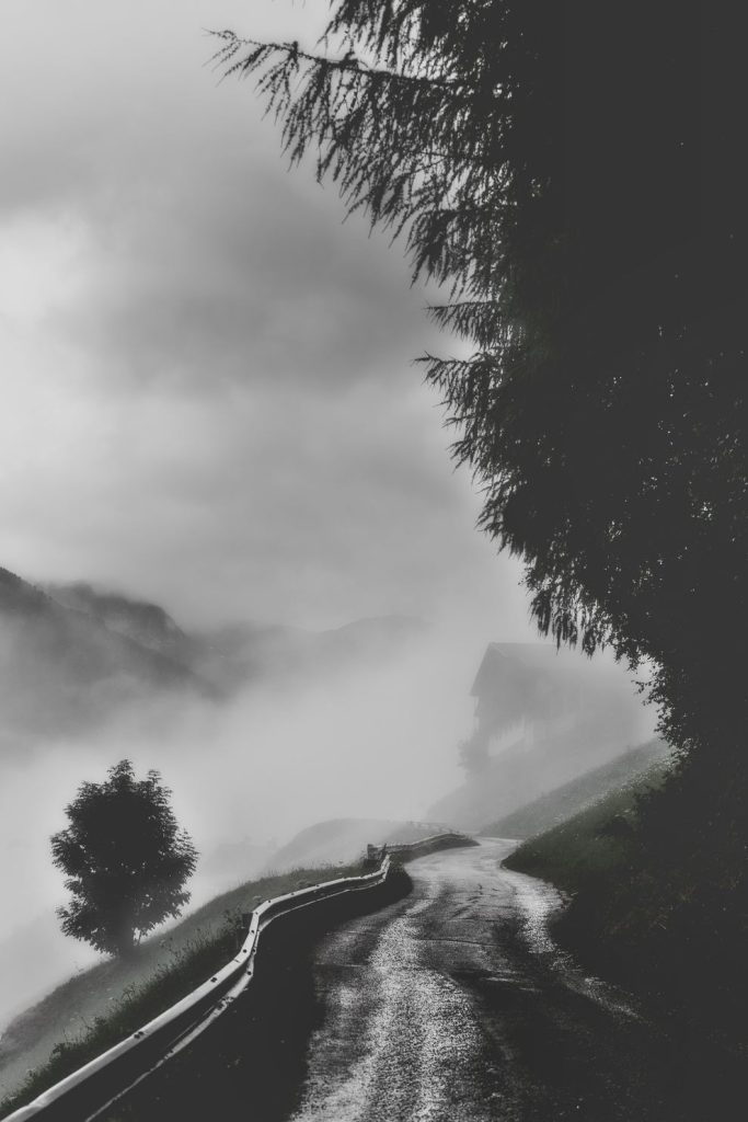 B&W foggy road